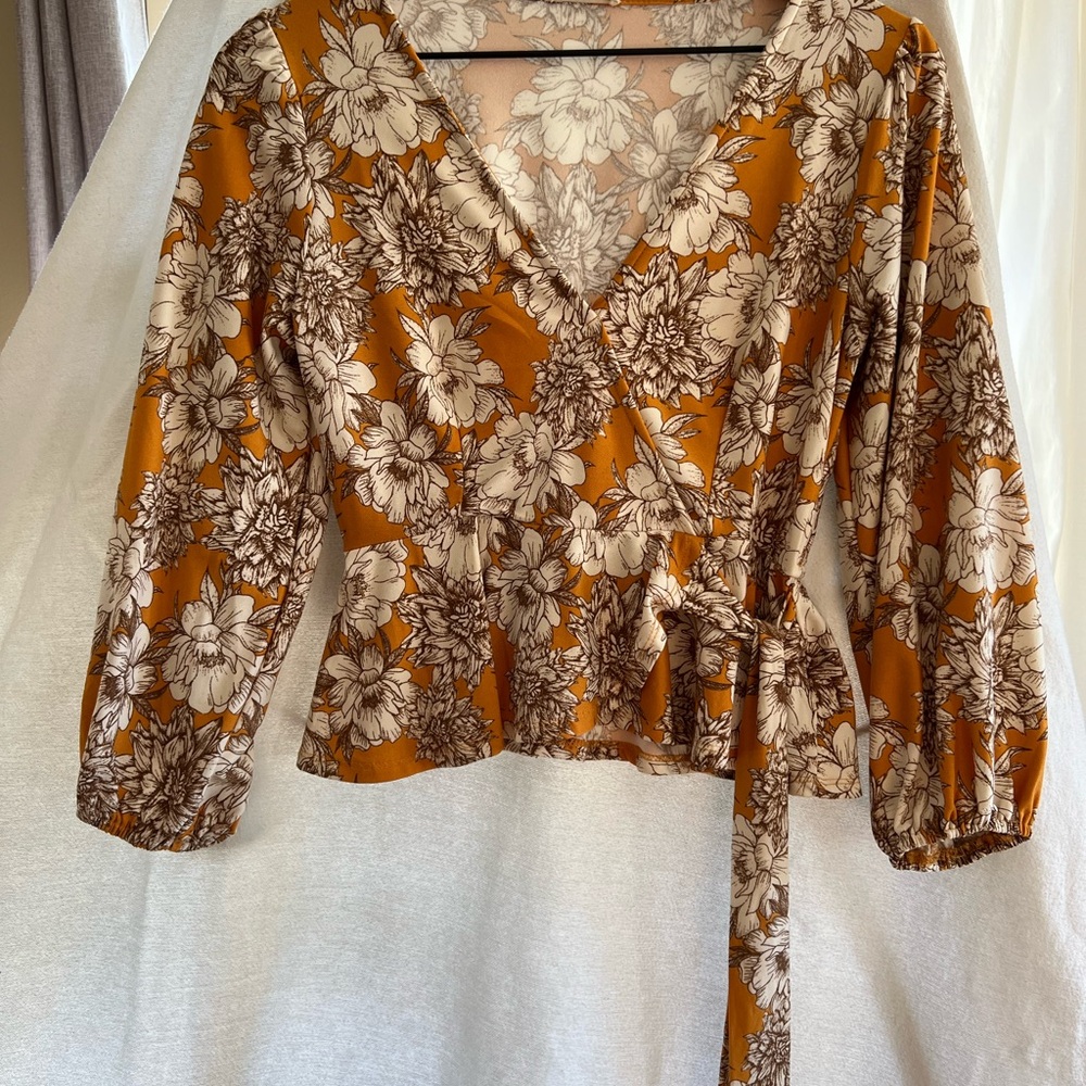 Meraki Floral Peplum Faux Wrap 3/4 Sleeve Blouse